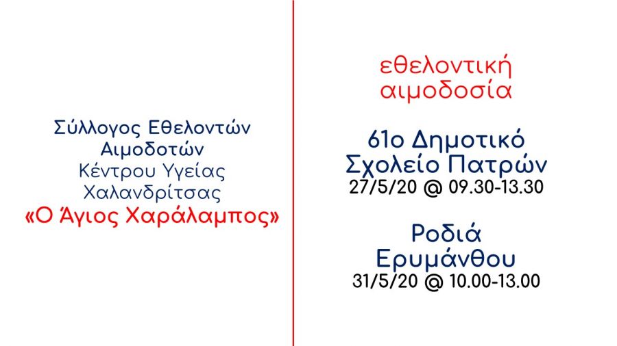 Εθελοντική αιμοδοσία στην Πάτρα και στη Ροδιά